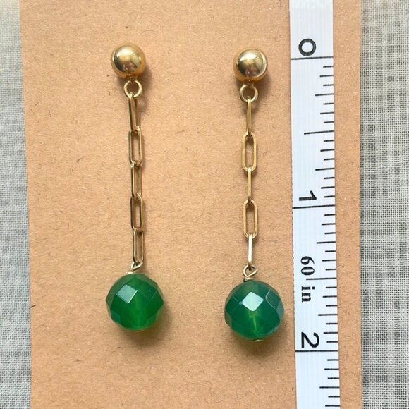NWOT Green Onyx Sterling Silver Gold Pleated Drop Earrings - Picture 4 of 7
